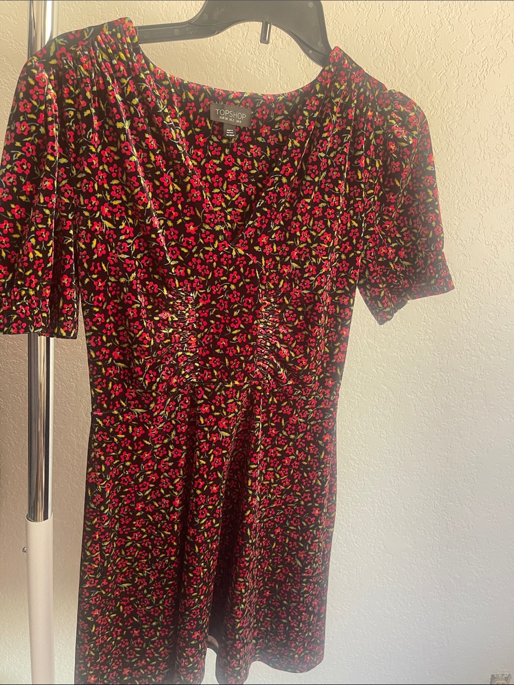 Topshop Black Midi Dress with Pink Floral Print